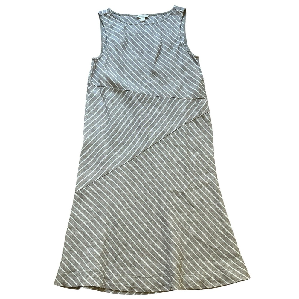 Garnet Hill‎ 100% Linen Dress Midi Sleeveless Striped Grey White  Size 6